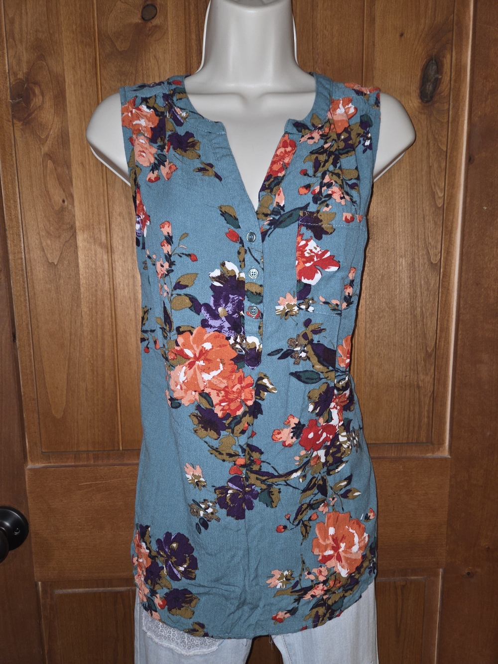 Market & Spruce Teal Floral Sleeveless Top with Orange and Purple Blooms‎